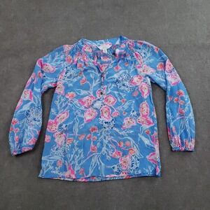 Lilly‎ Pulitzer Shirt Womens XXS Blue Pink Floral 100% Silk Long Sleeve Top